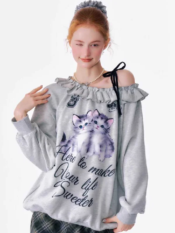Cat print sweatshirt【s0000010166】 Hoodie with Elastic Waist Stretchable Comfortable