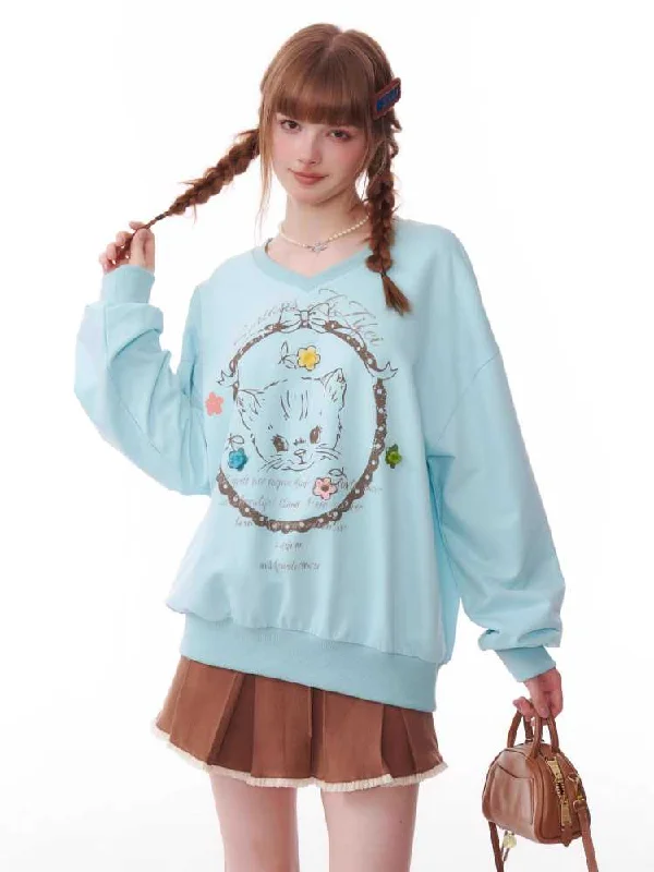 Cat print sweatshirt【s0000010178】 Hoodie with Hem Applique Textured Unique