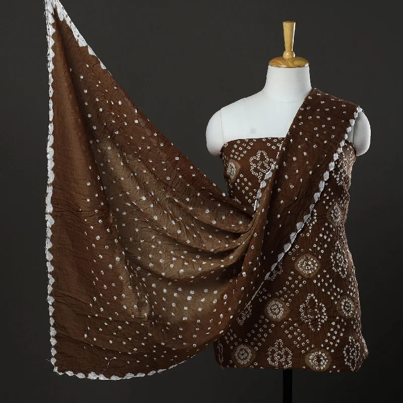 Brown - 3pc Kutch Tie-Dye Satin Cotton Bandhani Dress Material 68