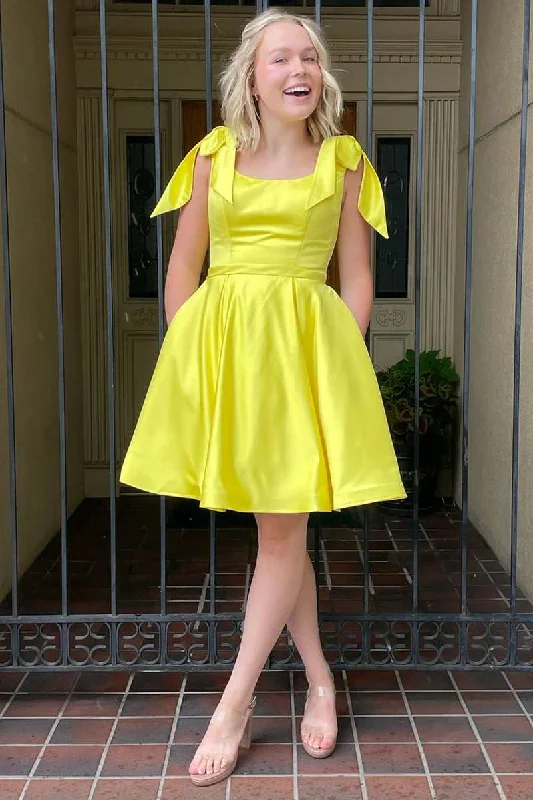 A-Line Yellow Bow-Strap Short Homecoming Dress