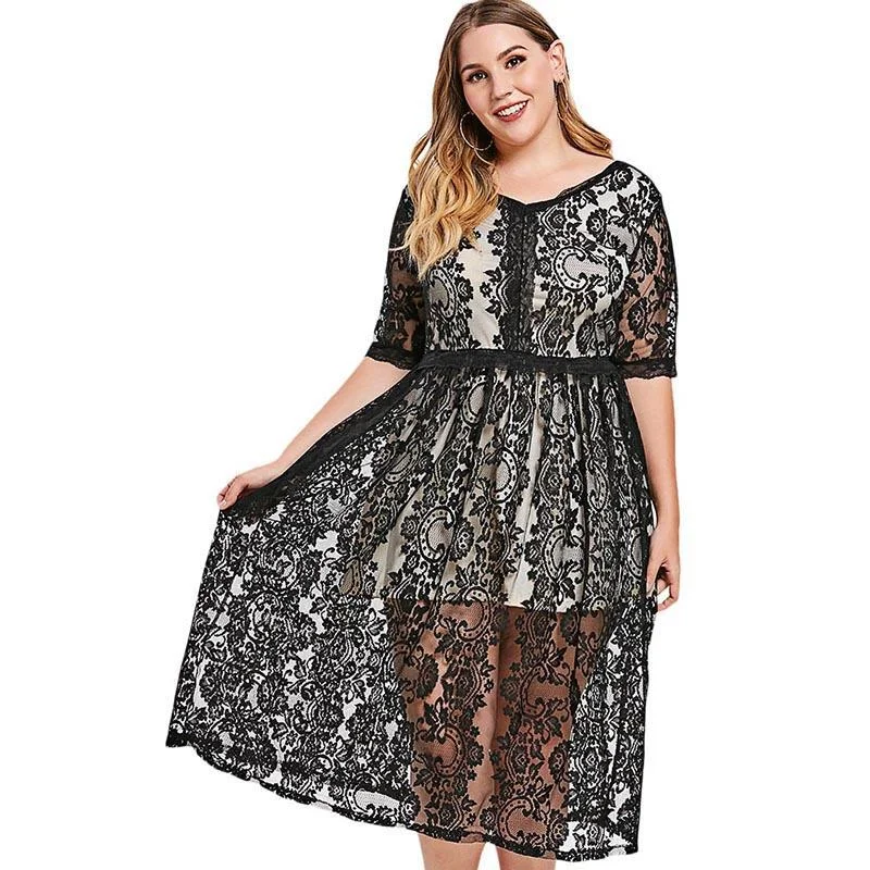 ANALUKE V Neck Lace Patchwork Mid Calf Casual Dress