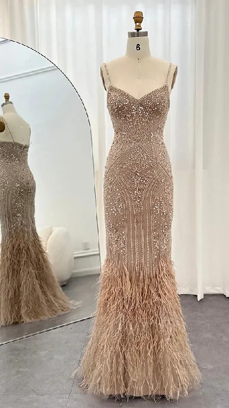 Luxury Feathers Champagne Evening Dress