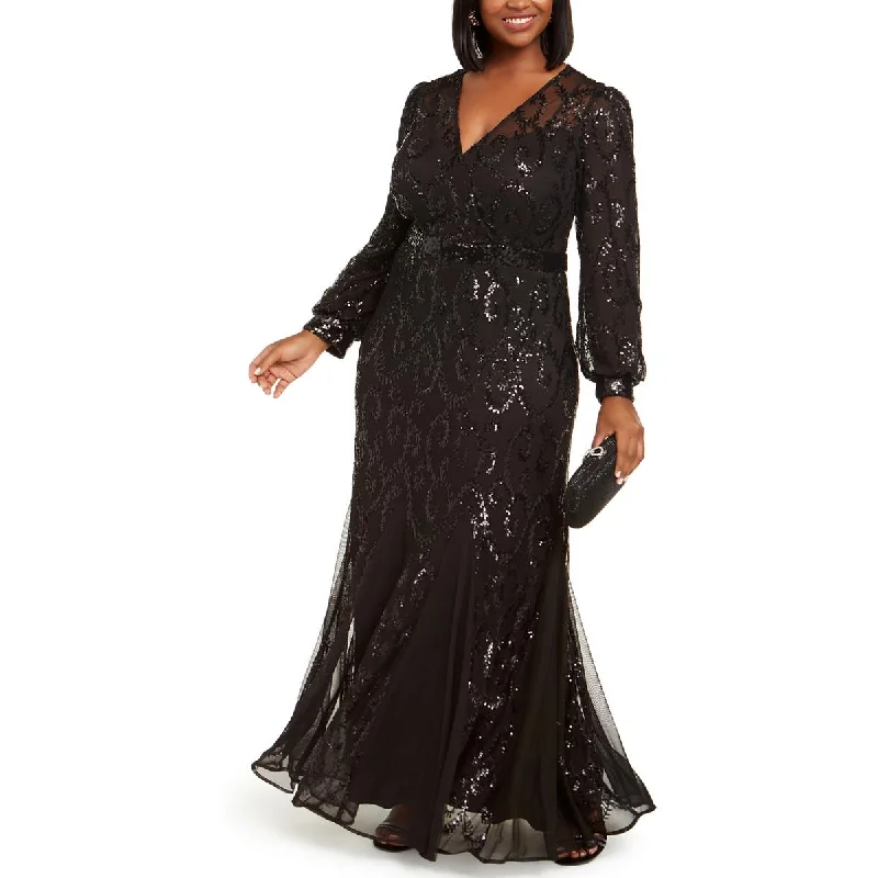 Plus Womens Sequined Surplice Evening Dress