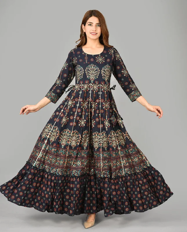 Blue Mirror Embroidery Work Cotton Dress