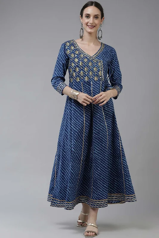 Blue Pure Cotton Embroidered and Bijia Lace And Mirror And Gotta Dress