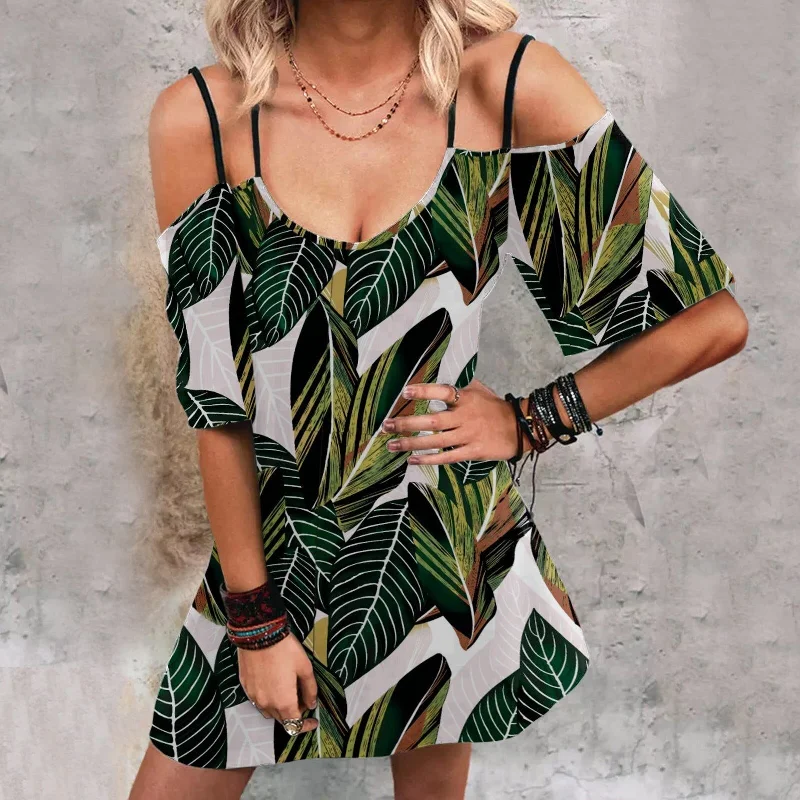 JuliaFashion-Bohemia Leaves Print Spaghetti Strap Boho Dress