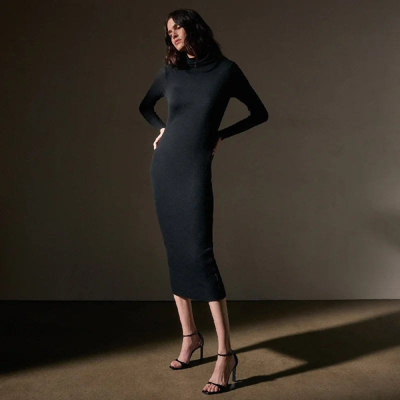 Cashmere Rib Funnel Neck Dress - Black