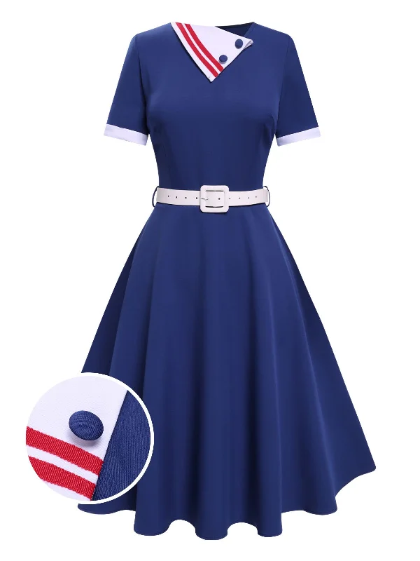 [Pre-Sale] Dark Blue 1940s Lapel Button Belted Dress