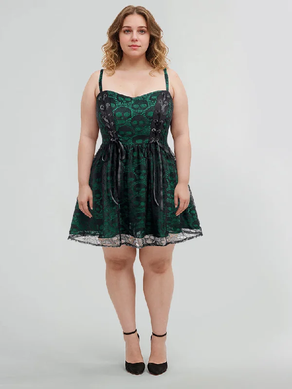 Halloween Skull Print Adjustable Spaghetti Strap Mesh Dress