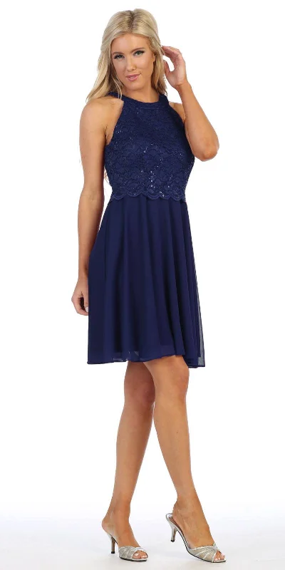Celavie 6398 Lace Halter Short A-Line Chiffon Cocktail Dress