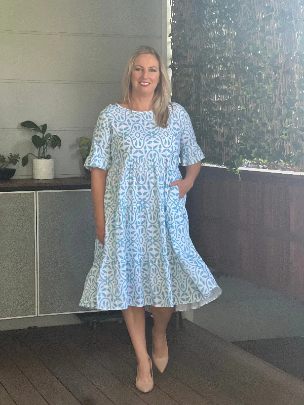 Kane Aqua Abstract Linen Dress
