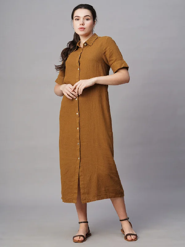 Women's Mustard Linen Viscose Regular Fit Dress