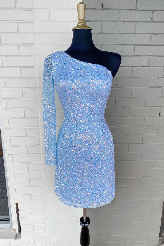 Lavender Sequin One Sleeve Short Homecoming Dress