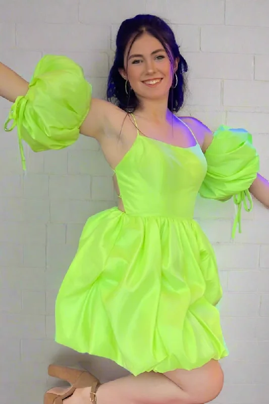 Lemon Green A-line Ruffle Homecoming Dress with Detachable Sleeves