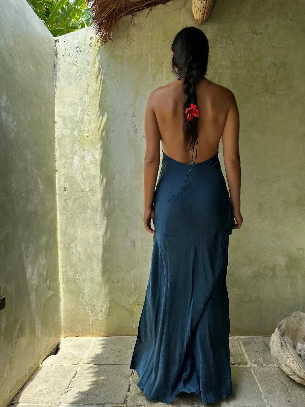Mila Halter Silk Dress - Indigo, Low Back