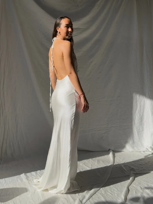 Mila Halter Silk Dress - White Ivory Bridal Dress, Low-Back