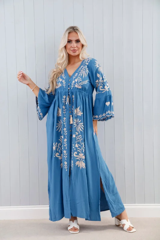 Mira Embroidered Dress Denim Blue