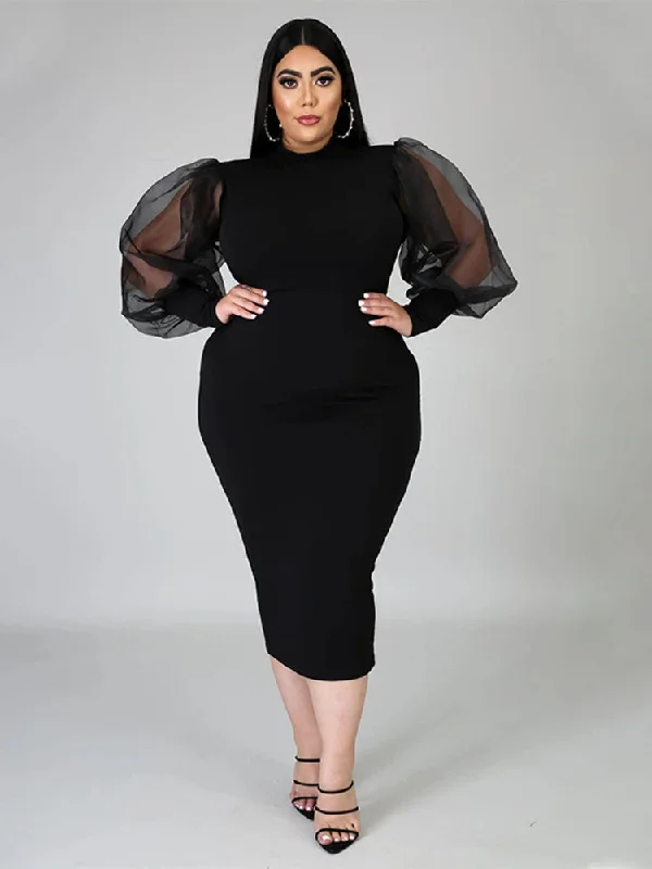 Mock Neck Sheer Sleeve Split Dress