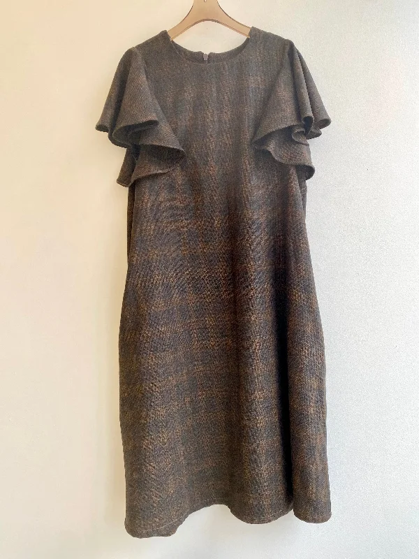 Brown Flannel Chore Dress with Flutter Sleeve