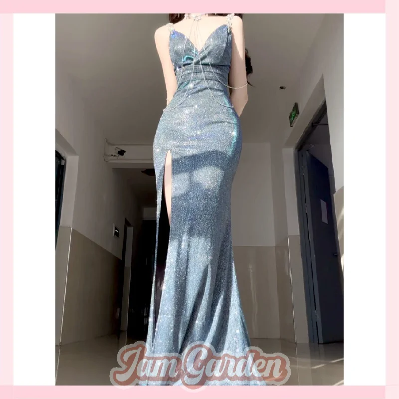 New sexy deep V slit floor-length evening dress