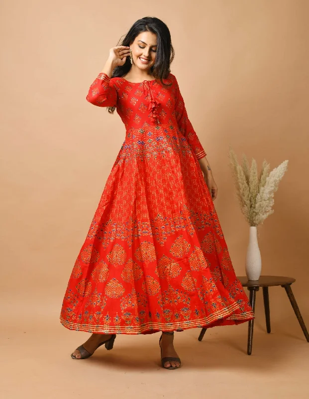 Red Gold Printed Ethnic Anarkali Dress