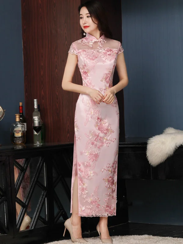 Pink Embroidered Long Qipao Cheongsam Dress