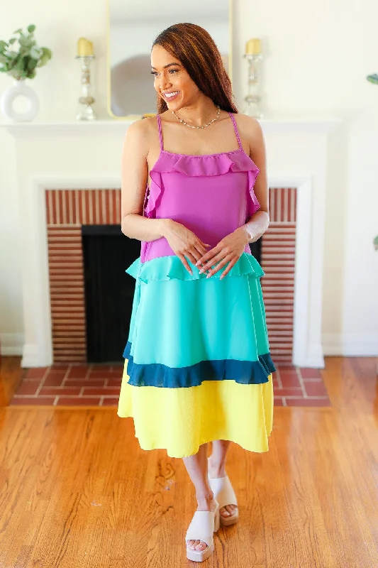 Plus Strap Multi Color Tiered Woven Dress W/Pocket