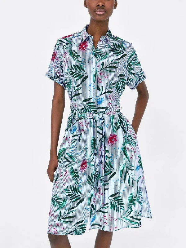 Pretty In Stripes Leafy Print Button Down Skater Dress