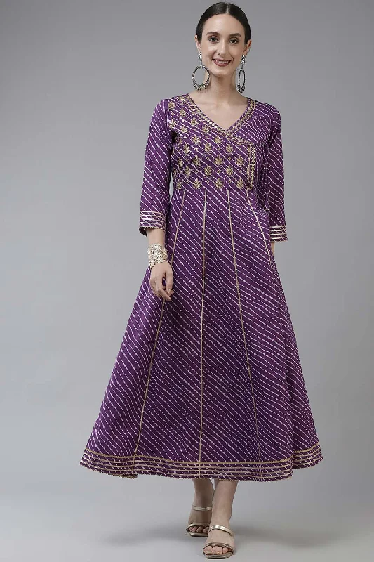 Purple Pure Cotton Embroidered and Bijia Lace And Mirror And Gotta Dress