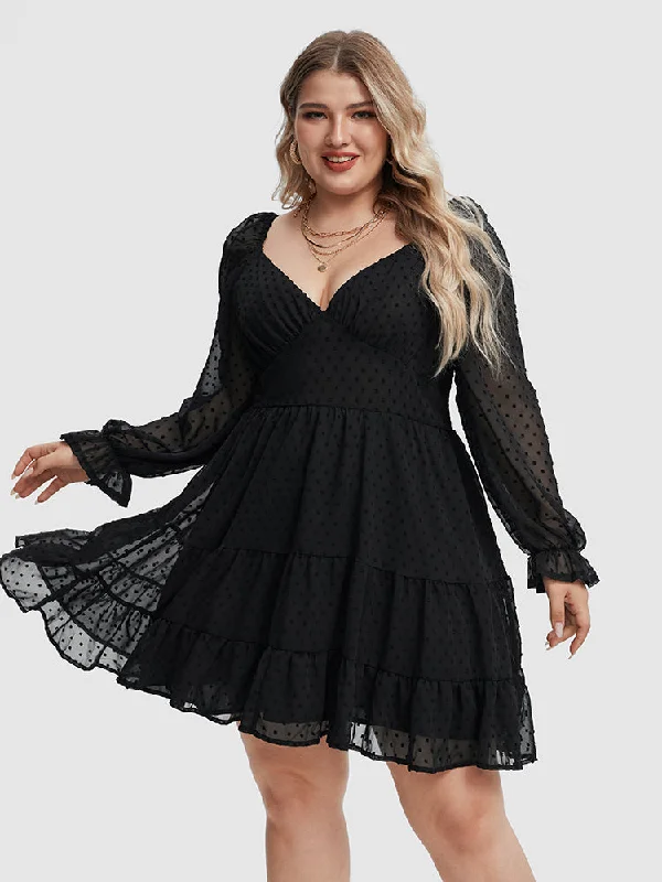 Swiss Dot Flounce Sleeve Ruffle Hem Dress