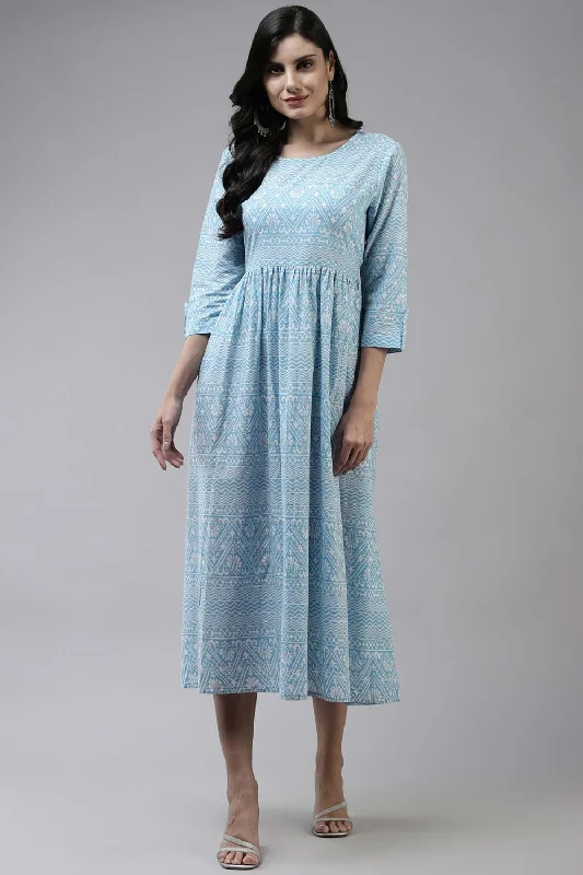Sky Blue Pure Cotton Abstract Print Dress