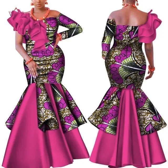 Slash Neck Pink African Dress