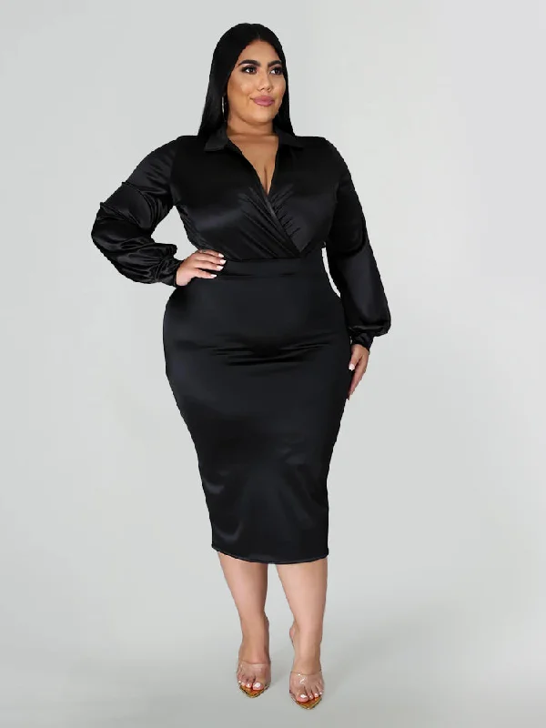 Lantern Sleeve Ruched Split Back Satin Dress Set
