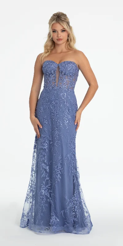 Strapless Plunge Embroidered Tulle Mermaid Dress