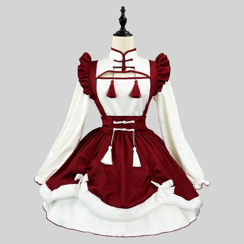 White And Red Cheongsam Maid Lolita Dress
