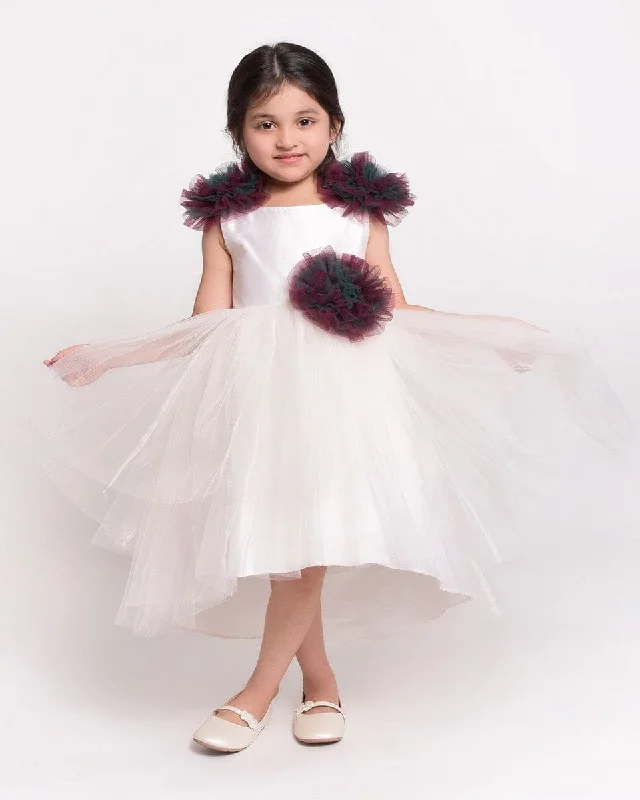 White Flare Dress with Multi colour Handmade Flower