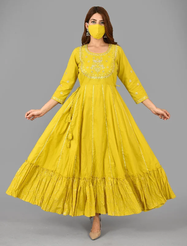 Yellow Solid & Silver Foil Work Pure Cotton Anarkali Dress