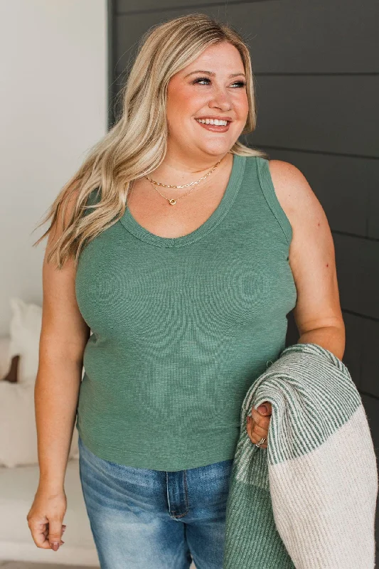 Counting Blessings V-Neck Tank Top- Ivy Green peekaboo tank top