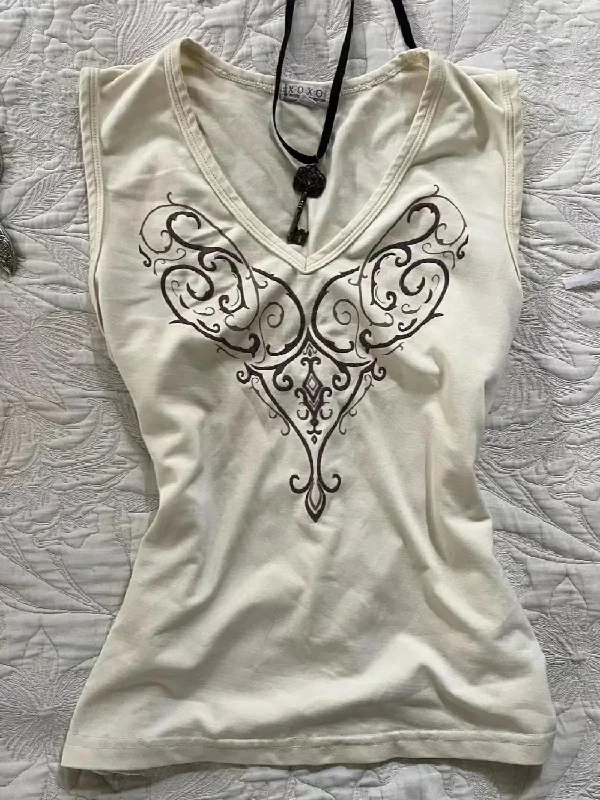 Cosybreezee - White Grunge Print V Neck Tank Top striped tank top