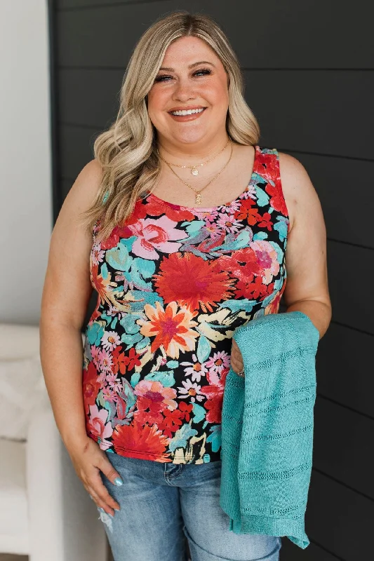 Offer Me The World Floral Tank Top- Black & Tomato sexy tank top