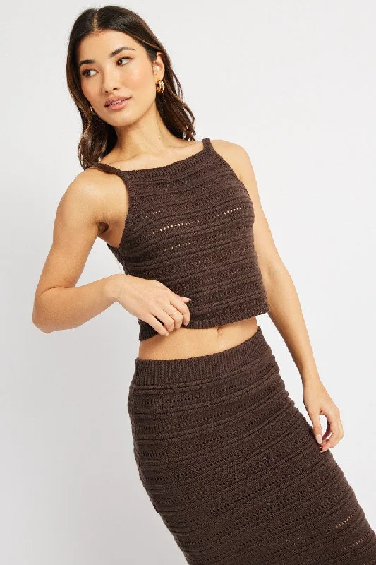 Brown Crochet Knit Tank Top solid color tank
