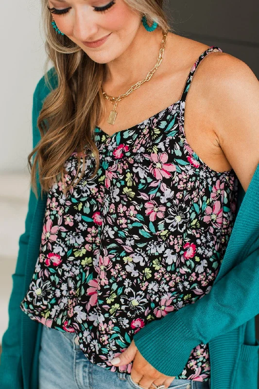 Crazy In Love Floral Tank Top- Black & Lavender flirty tank top