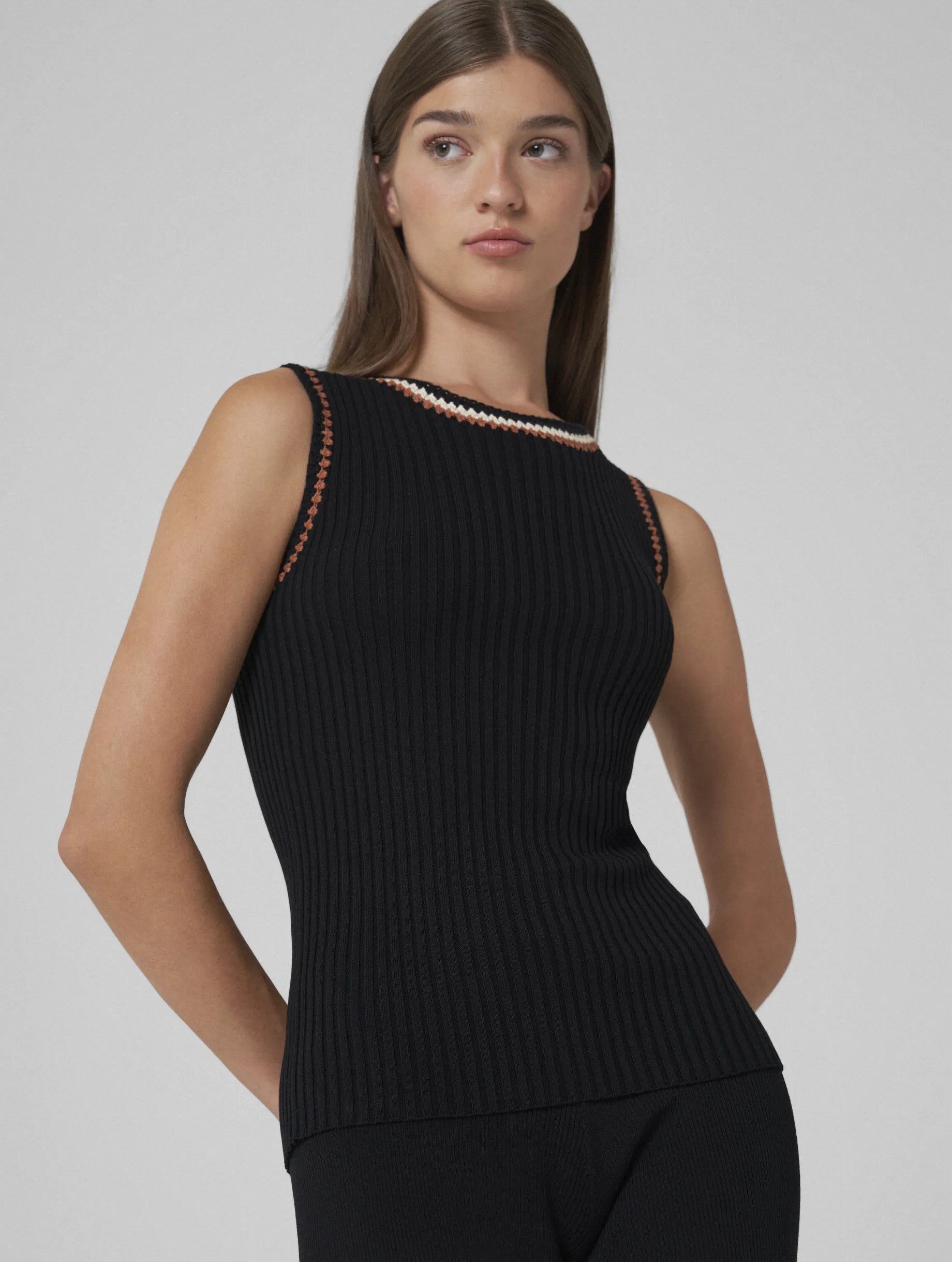 DALILA Tencel knitted tank-top with hand-crochet details black loose fit tank