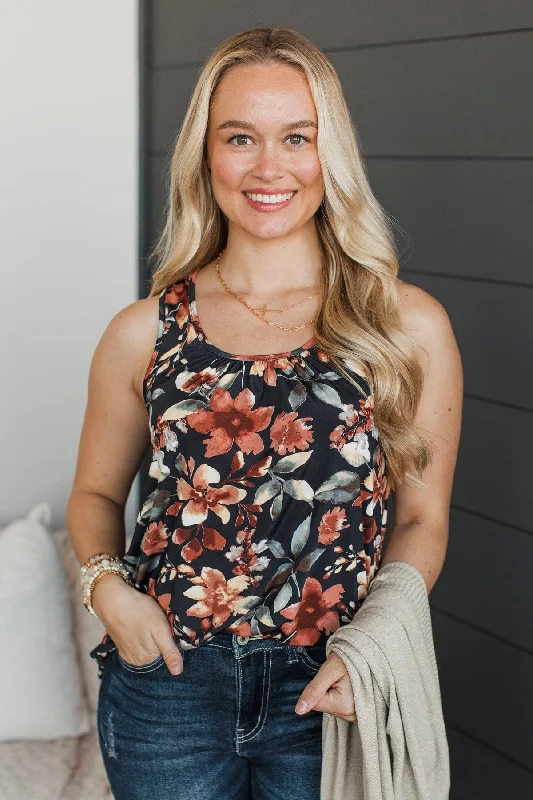 Day Dreams Of You Floral Tank Top- Black & Rust turquoise tank top