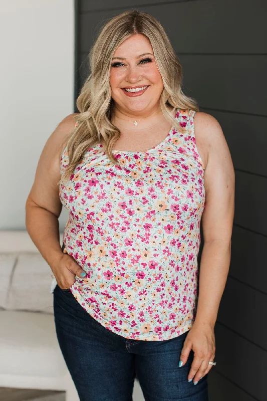 Element Of Surprise Floral Tank Top- Mint & Magenta low neck tank