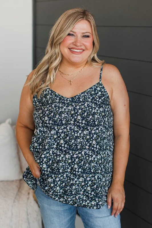 Entrancing Smiles Floral Tank Top- Navy rhinestone tank top