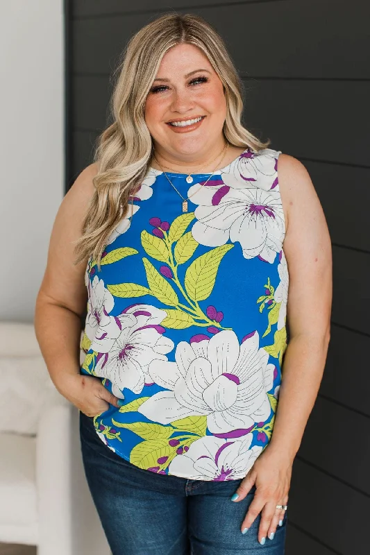 Every Time You Smile Floral Tank Top- Royal Blue sequin tank top