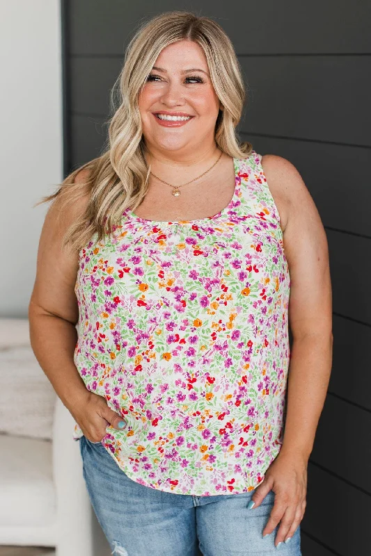 Find The Bright Side Floral Tank Top- Ivory & Magenta cutout tank top