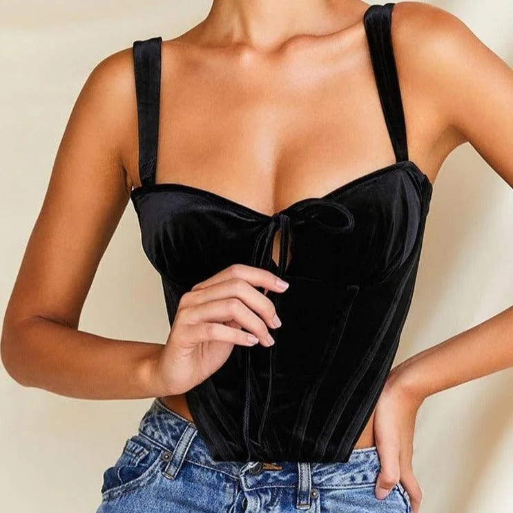 KittenAlarm - Helen Tie Front Velvet Tank Top navy tank top