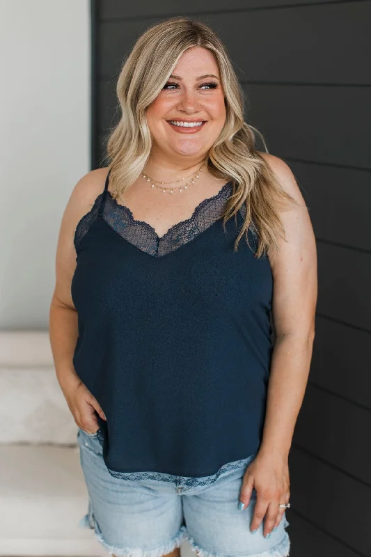 In My Heart Lace Trimmed Tank Top- Navy charcoal tank top